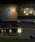 Heavy Duty Solar Wall Lights Outdoor Two Pack Weatherproof Security Sconces Motion Activated Floodlights illuminating entryways.