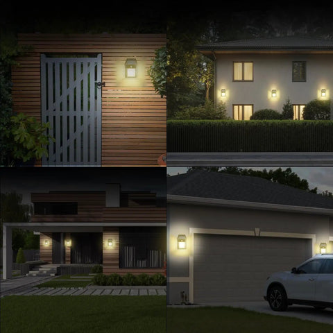 Heavy Duty Solar Wall Lights Outdoor Two Pack Weatherproof Security Sconces Motion Activated Floodlights illuminating entryways.