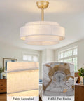 XINGSIYUELYX Ceiling Fan with Light featuring gold fabric lampshade and clear ABS fan blades in a well-lit room.