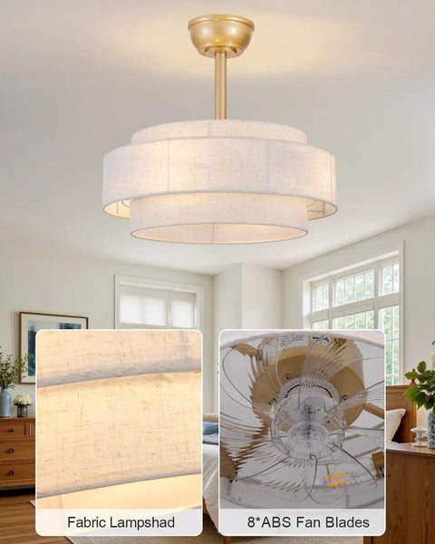 XINGSIYUELYX Ceiling Fan with Light featuring gold fabric lampshade and clear ABS fan blades in a well-lit room.