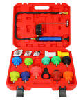18 Pack Universal Radiator Pressure Leak Tester Kit For Automotive Coolant Systems On Cars Trucks And Motorcycles With Easy Air Bleed And Fast Leak Detection And Multi Function Testing In One Red Set in open red case with tools.