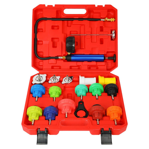 18 Pack Universal Radiator Pressure Leak Tester Kit For Automotive Coolant Systems On Cars Trucks And Motorcycles With Easy Air Bleed And Fast Leak Detection And Multi Function Testing In One Red Set in open red case with tools.