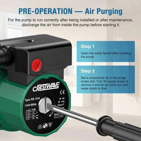 On Demand Hot Water Recirculating Pump 93W 110V Three Speed Control with air purging instructions shown.