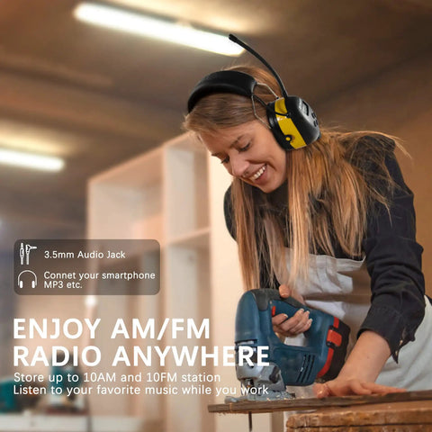 AM FM Radio Headphones With Digital Display, Noise Reduction Earmuffs, All Day Comfort Hearing Protection, Built In Radio Receiver, A Real Workhorse For Work Or Travel, Bright Yellow