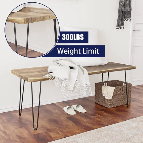 18 Inch Heavy Duty Hairpin Furniture Legs For Nightstands Coffee Tables And Desks Made Of Durable Metal With Rubber Floor Protectors Black Finish Great For DIY Furniture Makeovers And Projects 4 Pack supporting a wooden bench illustrating 300 lbs weight limit.