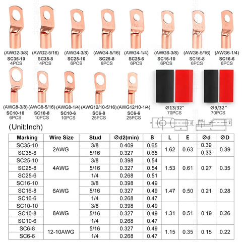 Heavy Duty Copper Wire Lugs And Heat Shrink Kit For Battery Cables, Ring Terminals And AWG 2 To 12 Gauge with size chart