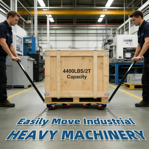 Two workers using Anteqip 4400Lb Heavy Duty Machine Skates For Moving CNC Mills and Industrial Equipment with a wooden crate.