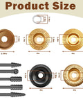 Five Piece Wood Carving Disc And Rotary Burr Rasp Set showing sizes for 4 inch or 4.5 inch angle grinders with adapter ring