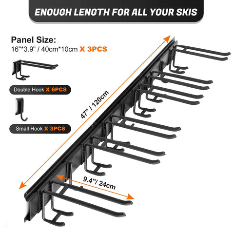 Heavy Duty Steel Ski And Snowboard Wall Mount Rack With Double Hooks And Cinch Straps For Garage Shed Organization Holds Up To Three Hundred Pounds Of Winter Sports Gear In A Rock Solid Setup With No Sweat Assembly, showing hooks and panel size.