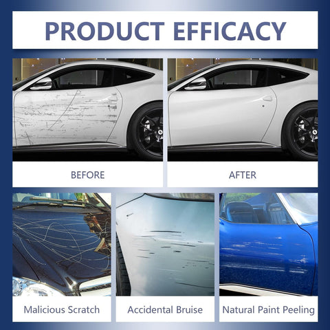 Before and after using All Cars Magic Scratch Repair Pen Kit 2 Pack for easy quick fix of car scratches on white vehicle.
