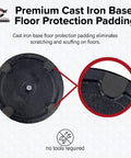 Set Of 2 Dual Retractable Belt Barrier Stanchions With Cast Iron Bases And Black Posts, premium cast iron base with padding detail.