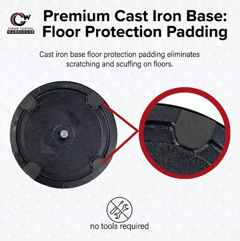 Set Of 2 Dual Retractable Belt Barrier Stanchions With Cast Iron Bases And Black Posts, premium cast iron base with padding detail.