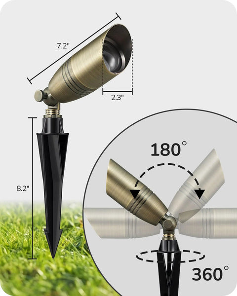Built Tough Heavy Duty Solid Brass Landscape Spotlights 12V Outdoor Lighting, adjustable view showing 180° vertical and 360° horizontal angles