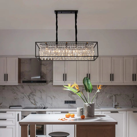 5 Light Rectangular Modern Crystal Chandelier Hanging Fixture For Dining Room Living Room Kitchen Hallway Bathroom Lobby With Sleek Geometric Design And Sparkling Crystal Droplets That Elevate Your Home Vibe And Bring The Wow Factor in kitchen setting