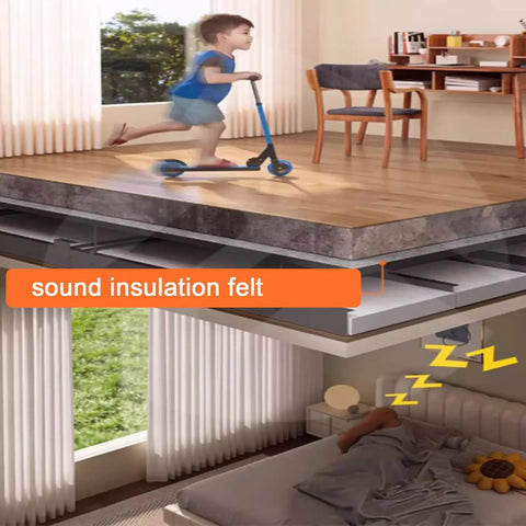 Rock Solid Acoustic Sound Proofing Panels For Walls And Ceilings Top Shelf High Density Butyl Rubber Studio Audio Dampening Pads Fire Safe Roll For Home Studios And Offices with child riding scooter above quiet room.