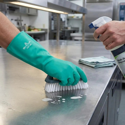 Person cleaning stainless steel surface wearing Heavy Duty Nitrile Glove Set, 15 Mil Chemical-Resistant, 13 Inch Gauntlet With Bisque Grip