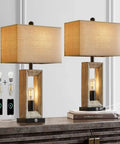 25 Inch Farmhouse Table Lamp With USB C And USB A Ports, Three Way Dimmable Touch Control And Built In Nightlight, brown black set