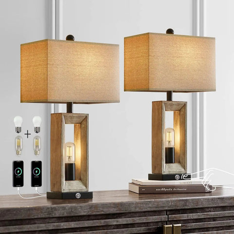 25 Inch Farmhouse Table Lamp With USB C And USB A Ports, Three Way Dimmable Touch Control And Built In Nightlight, brown black set