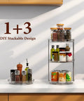 Rotating Makeup Organizer With Two Tier Lazy Susan Turntable for Vanity and Bathroom Counter with jars and spices