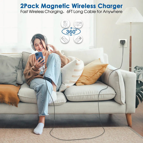 Person using Magnetic Wireless Charger For iPhone MagSafe 15W Fast Charging Pad 2 Pack With 6 Foot Cable on a couch