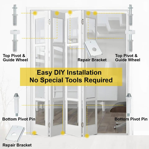 Diagram of DIY Ready Bi-Fold Door Repair Kit For Two 1-3/8 Inch Wood Doors with labeled components.