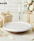 Super Smooth Spinning Ceramic Lazy Susan Tray With Natural Acacia Wood Base Round Rotating Kitchen Counter Organizer And Farmhouse Condiment Holder Totally Game Changer displayed with candles and gift boxes.