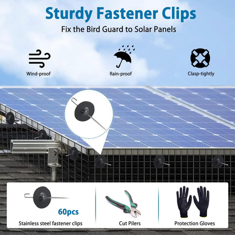 Heavy Duty Solar Panel Bird Guard Mesh 6 Inch By 100 Feet 19 Gauge Pvc Coated Wire Barrier with fastener clips on solar panels.