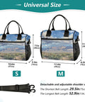 Large Insulated Cooler Bag With Desert Cactus Print showing two sizes with adjustable straps and dimensions