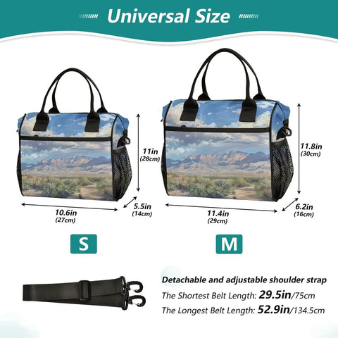 Large Insulated Cooler Bag With Desert Cactus Print showing two sizes with adjustable straps and dimensions
