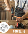 Woodworker uses Pro Grade Stainless Steel Dowel Pin Set With Centering Pins For Precise Woodworking Alignment Cabinet And Bookshelf Positioning DIY Board Drilling Tool For Accurate Hole Transfer And Setup