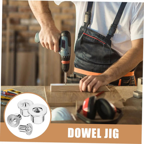 Woodworker uses Pro Grade Stainless Steel Dowel Pin Set With Centering Pins For Precise Woodworking Alignment Cabinet And Bookshelf Positioning DIY Board Drilling Tool For Accurate Hole Transfer And Setup
