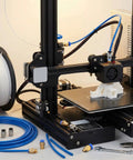 Blue PTFE Tubing 1 Meter Set With 10 PC4 M6 Fittings And 10 PC4 M10 installed on 3D printer with connectors.