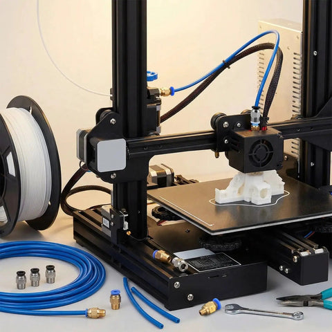 Blue PTFE Tubing 1 Meter Set With 10 PC4 M6 Fittings And 10 PC4 M10 installed on 3D printer with connectors.