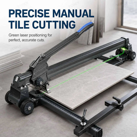 Heavy Duty Manual Tile Cutter With Bright Green Laser Guide And Beefed Up Steel Rails For Straight Cuts Up To 1800 Mm showing laser guide cutting tile.