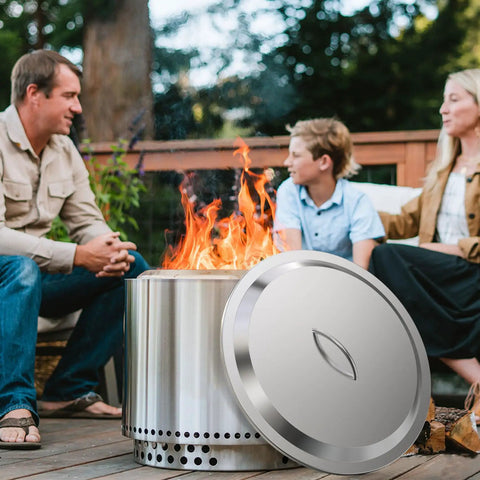 Family enjoying bonfire with Fire Pit Lid For Solo Stove Bonfire 19.5 Inch Stainless Steel Cover For Outdoor Camping And Backyard Use