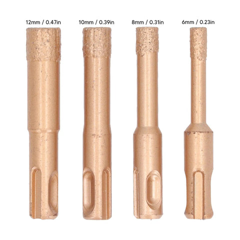 Top Tier Brazed Hole Saw Kit 4 Piece Tile Glass Marble Granite Hole Opener Heavy Duty Shank Drill Bits For Tough Hard Materials And Smooth Cutting Results, 12mm to 6mm bits