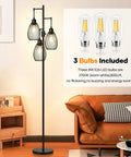 Dimmable Farmhouse Industrial Floor Lamp With Teardrop Cage Includes 3 X 800LM LED Edison Bulbs That Builds Cozy Vibe Tall Tree Style Standing Lamp For Living Room Bedroom Office Or Dining Room Black