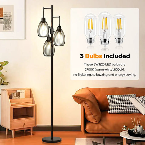 Dimmable Farmhouse Industrial Floor Lamp With Teardrop Cage Includes 3 X 800LM LED Edison Bulbs That Builds Cozy Vibe Tall Tree Style Standing Lamp For Living Room Bedroom Office Or Dining Room Black
