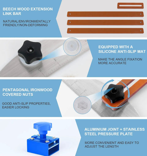 Adjustable Stair Tread Template Tool Kit With Pro Grade Gauge featuring beech wood bars, ironwood nuts, and silicone mat.