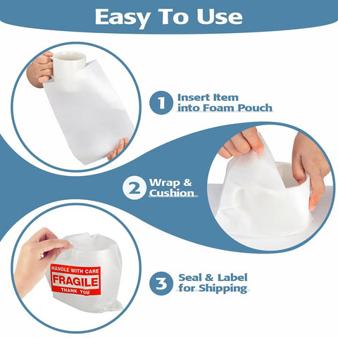 Move Day Must Have Moving Dish Packing Supplies Kit with 540 foam pouches showing steps to wrap and seal fragile items.
