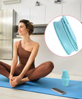 Woman on yoga mat with Foldable Silicone Water Bottle For Travel And Gym, Ultra Lightweight Leak Proof Hydration Flask nearby.