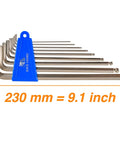 Heavy Duty Hex Allen Wrench Set For Bikes With Long Arm Ball End 9 Piece in holder, showing size 230mm or 9.1 inches, silver color.