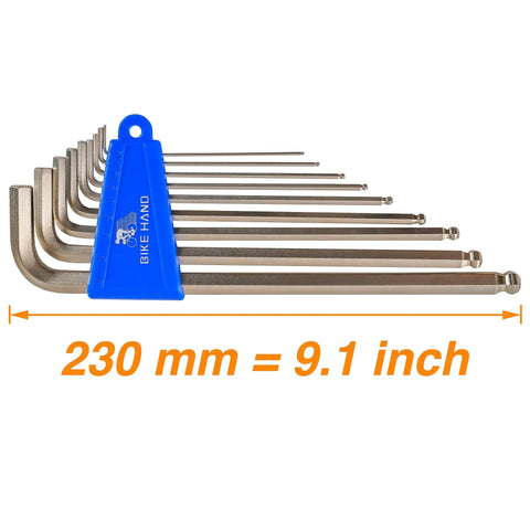 Heavy Duty Hex Allen Wrench Set For Bikes With Long Arm Ball End 9 Piece in holder, showing size 230mm or 9.1 inches, silver color.