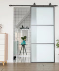 Super Slick Frosted Privacy Glass Barn Door Hardware Kit With Heavy Duty Track And Silent Rolling Wheels For Easy 36 By 84 Inch Sliding Install Plus Smooth Gliding Action Room Divider Setup in a modern bathroom setting.