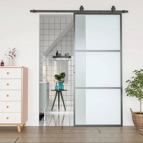 Super Slick Frosted Privacy Glass Barn Door Hardware Kit With Heavy Duty Track And Silent Rolling Wheels For Easy 36 By 84 Inch Sliding Install Plus Smooth Gliding Action Room Divider Setup in a modern bathroom setting.