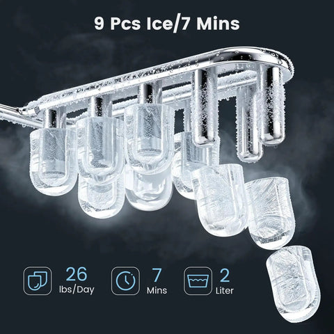 Portable Countertop Ice Maker Slashes Seven Minute Wait Times While Cranking Out 26 Pounds Daily For Quick Weekend Cocktails showcasing 9 ice cubes.