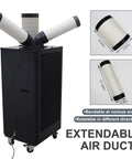Heavy Duty 15400 Btu Portable Spot Cooler With Dual Exhaust Setup and Rapid Airflow cranks out chilly breeze with extendable air ducts.