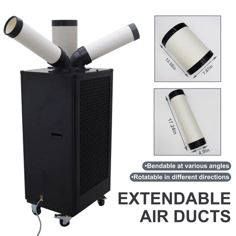 Heavy Duty 15400 Btu Portable Spot Cooler With Dual Exhaust Setup and Rapid Airflow cranks out chilly breeze with extendable air ducts.