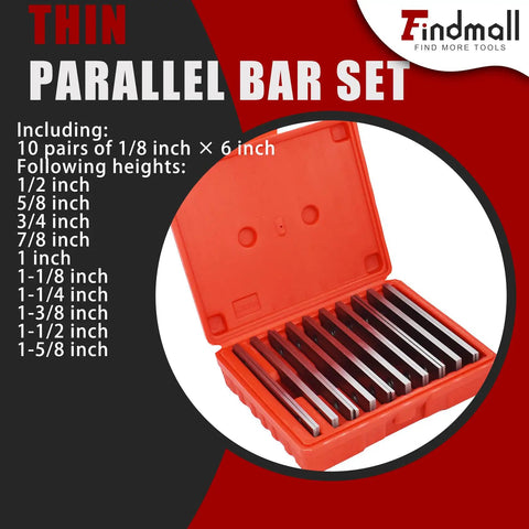 Thin Parallel Bar Set Pro Grade Ten Pairs One Eighth Inch Thick By Six Inch Long Precision Parallels in Red Storage Box