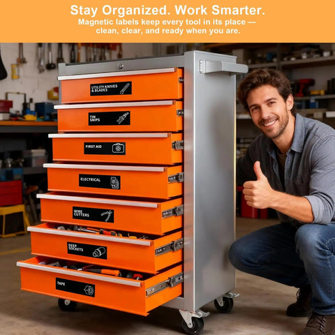 Magnetic Toolbox Labels Set Of 90 For Quick Organization 3.5 By 1 Inch Large Stickers With Strong Magnets on orange tool chest in garage